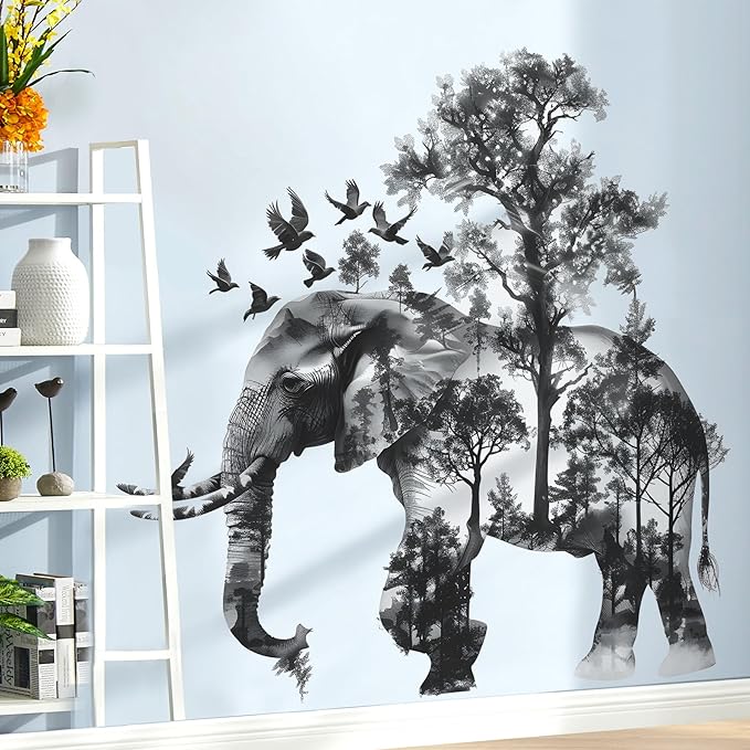2 Sheets Forests Silhouette Animals Wall Decals - Removable Wild Elephant Tree & Birds Wall Art Decor for Children's Nursery & Living Room