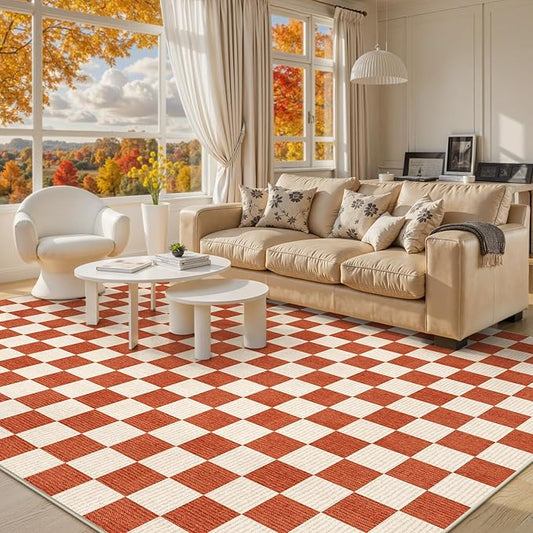 LIVEBOX 8x10 Area Rugs for Living Room, Checkered Non-Slip Washable Rugs, Farmhouse Neutral Classic Halloween Pattern Large Boys Area Rug for Bedroom, Carpet for Dining Room Office(Orange,8'x10')