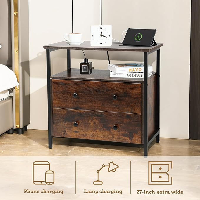 27 inch Wide Night Stand Set 2 with Charging Station, Bedside Table with Open Shelf, 2 Drawers Small Wood Dresser, Modern Wood Nightstand for Bedroom/Living Room (Retro Brown)