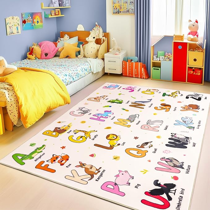 Kids Rugs for Playroom, 3x4 Feet Educational Rug for Learn The ABC Alphabet, Soft Machine Washable Non-Slip Cute Cartoon Animals Carpet for Classroom Toddler Nursery Kids Room Decor, Beige