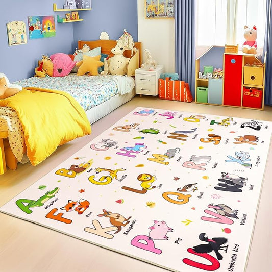Kids Rugs for Playroom, 3x4 Feet Educational Rug for Learn The ABC Alphabet, Soft Machine Washable Non-Slip Cute Cartoon Animals Carpet for Classroom Toddler Nursery Kids Room Decor, Beige