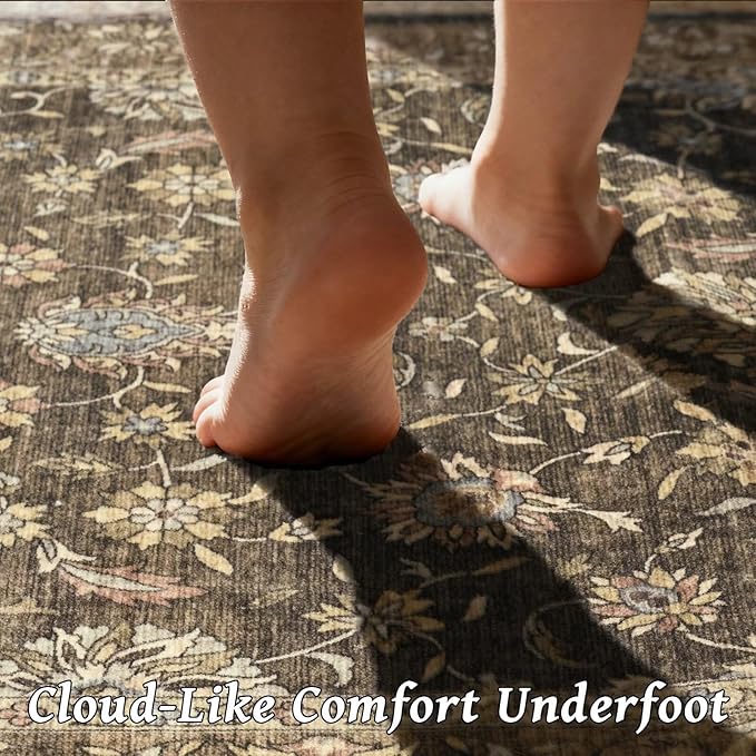 Washable 10x14 Area Rugs for Living Room, Boho Non-Slip Vintage Distress Large Rugs for Bedroom Dining Room Office, 0.3" Neutral Oriental Throw Thin Carpet, Tan/Flaxen/Multi