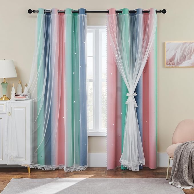 XiDi Pink Grey Green Girls Curtains for Bedroom Rainbow Blackout Short Curtains for Kitchen Cafe Window Room Darkening Kids Childs Nurser Room Wall Decor 84 inches Long 52 inches Wide 2 Panels Set
