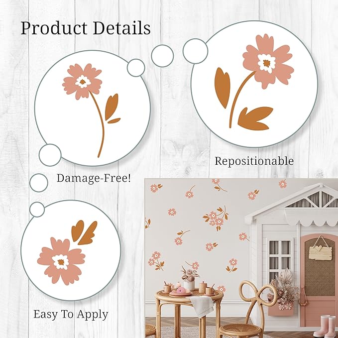 Boho Flower Wall Decals - Set of 30 Vinyl Flower Room Decor Peel and Stick Removable Floral Stickers for Nursery Bedroom Bathroom
