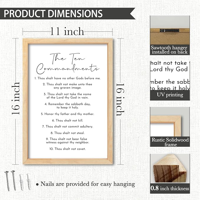 Surfapans The Ten Commandments Wall Decor Art 16"X11" Bible Verse Sign God Jesus Prayer Christian Saying Catholic Wood Framed Wall Hanging (Wood)