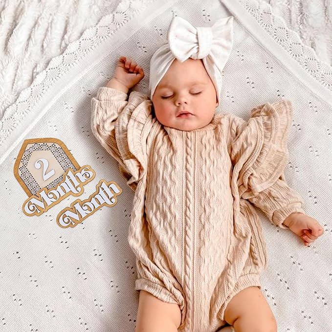 Wooden Baby Monthly Milestone Set with Patterned House Frame, 3D Layered Numbers and Months Sign, Natural Wood Newborn Photo Prop for Baby Monthly Pictures