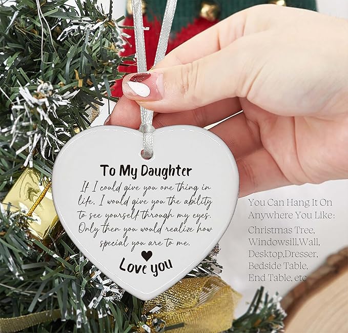 Heart Shaped Christmas Ornament-Daughter Motivation Gift-Encouragement Keepsake from Mom Dad-Birthday Graduation Present-I Love You Forever Reminder