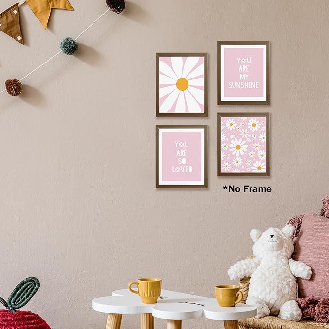 AEHIE Boho Pink Daisy Flower Decor Wall Art Print, You Are My Sunshine Poster for Baby Girls Room Nursery, Bohemian Wall Decor, 4pcs