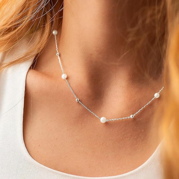 SmileBelle Pearl Necklaces for Women, Daisy Pearl Choker as Christmas Stocking Stuffers for Teens, Silver Daisy Pearls Jewelry Trendy Stuff Birthday Gifts 3 Pearls White Necklace as Wedding Jewelry