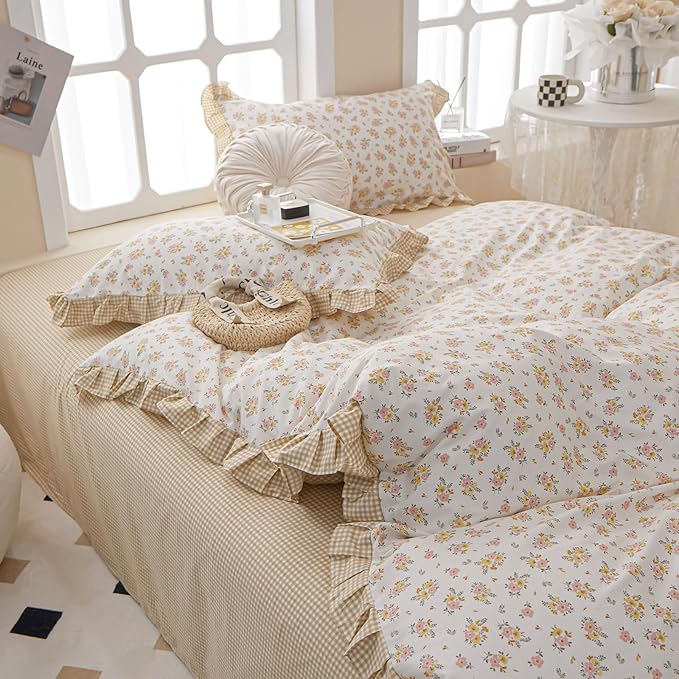 Girls Ruffle Duvet Cover Queen Chic Floral Princess Lace Comforter Cover Soft Breathable 100% Cotton Flower Bedding Set Vintage Botanical Duvet Cover Romantic Ruffle Comforter Cover with 2 Pillowcases