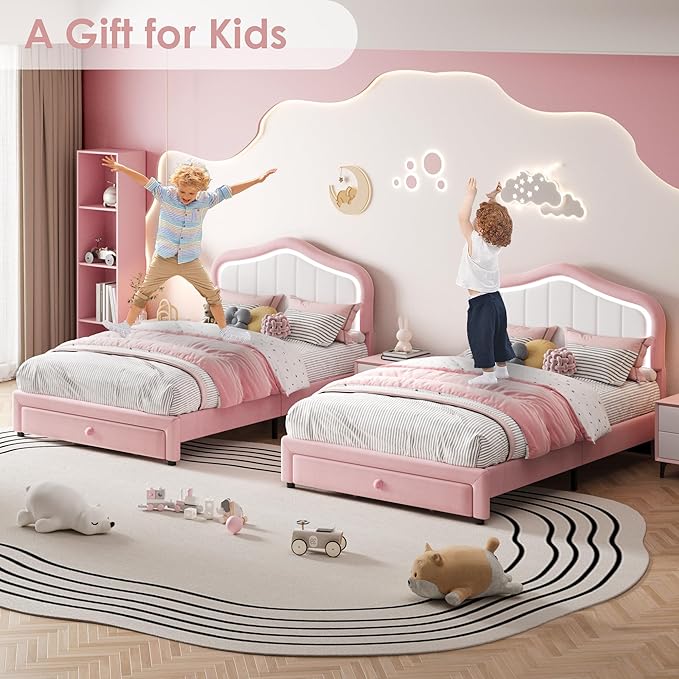 Full Upholstered Bed Frame With Storage Drawer and Smart Led Headboard, Princess Full Size Platform Bed Frames for Kids/Girls, Wooden Slats Support, No Box Spring Needed, Easy Assembly, Pink