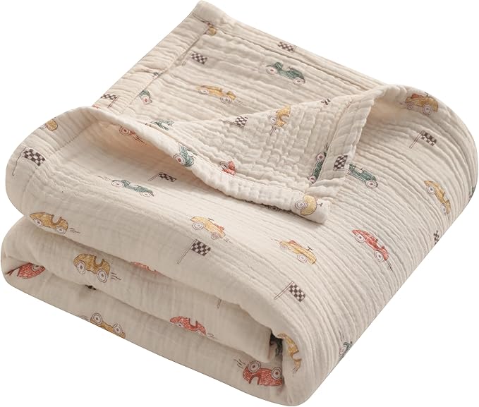 NTBAY 4 Layer Muslin Cotton Toddler Blanket, 30x40 Soft and Breathable Receiving for Newborns and Infants, Perfect for Crib, Stroller, Travel, Lightweight Nursery Blanket, Retro Race Car