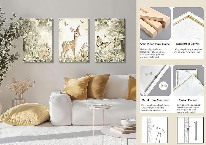 3Pcs Woodland Animal Nursery Canvas Wall Art Cute Forest Animal Wall Decor Pictures Deer and Butterfly Wildflowers Posters Prints for Nursery Bedroom Kids Room Home Decoration Prepare to Hang 12X16in