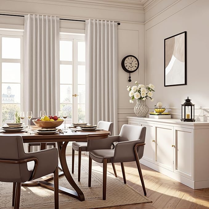 Guken Oatmeal 100% Blackout Linen Curtains for Bedroom 108 Inch Length Hook Belt Textured Neutral Room Darkening Thermal Insulated Soundproof Curtain for Dining Room 2 Panels Set 52x108 9Ft