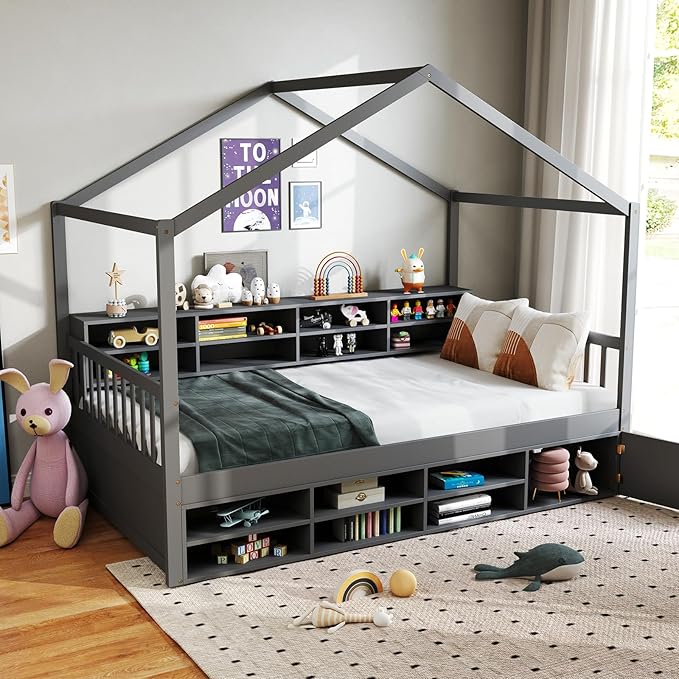 KOMFOTT Twin Size Wood House Bed with Storage Shelves, Wooden Platform Bed Frame with Storage Cabinet, Headboard & Footboard, House Bed with Wood Slats Support, No Box Spring Needed (Grey)