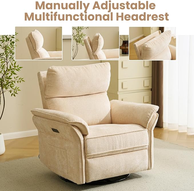Oversized Power Recliner Chair Swivel Glider with Massage and Heat, Rocker Nursery Recliner for Adults with Adjustable Headrest, 26" Extra Wide Nursery Chair with Overstuffed Armrest,Beige