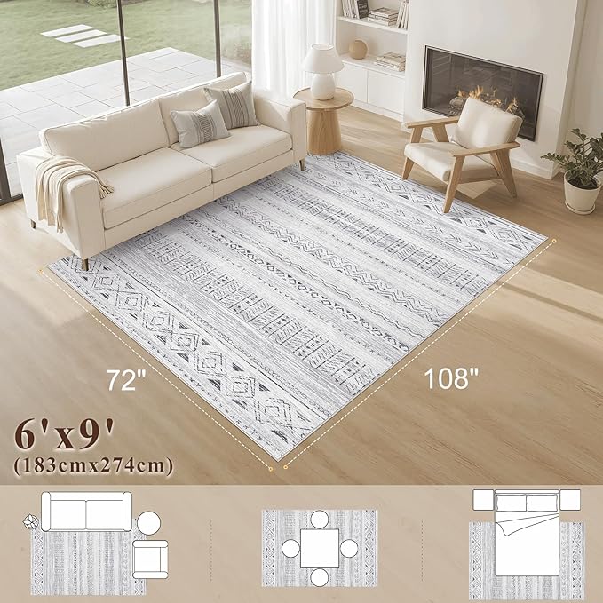 Area Rugs for Living Room Washable Living Room Rug Soft Neutral Indoor Floor Carpet Non-Slip Stain Resistant Modern Boho Rugs for Bedroom Dining Room Kids Room Nursery Office Home Grey