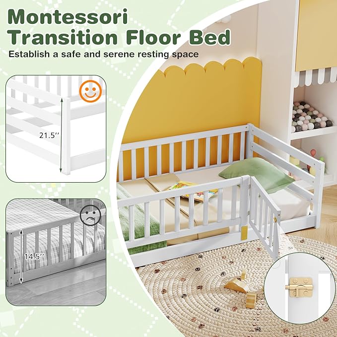 KOMFOTT Twin Size Wood Floor Bed with Door & 21.5” Fence, Montessori Bed Frame with Full Length Safety Guardrails, Door & Latch, Wooden Montessori Floor Bed for Kids, Girls, Boys