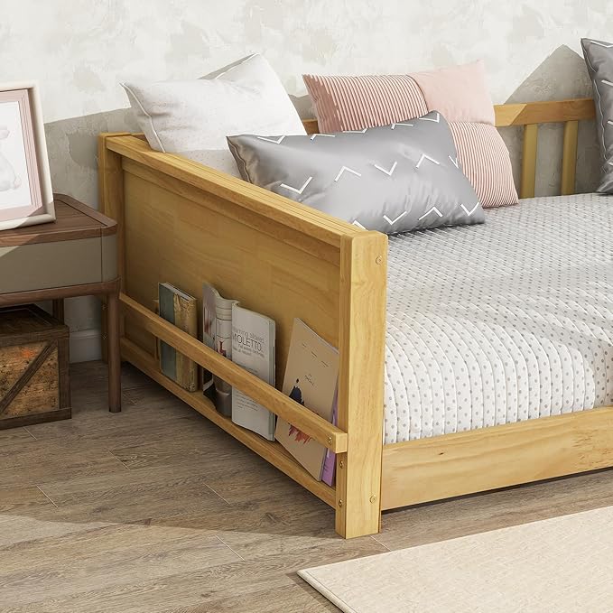 Twin Size Kids Montessori Floor Bed,Twin Floor Bed Frame with Slats and Bookcase,Solid Wood Montessori Bed for Girls Boys,Natural
