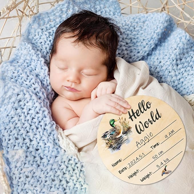 R HORSE Baby Birth Announcement Sign with Marker Pen, Mallard Duck Baby Name Sign with Ink Pad for Hand and Footprints, Wooden Hello World Newborn Announcement Nursery Decor Keepsake Gifts