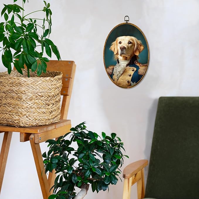 Hiuwevt Vintage Golden Retriever Oval Wall Art Decor, Golden Retriever Gifts Framed Canvas Prints, Renaissance Style Dog Oval Wall Hanging Decor for Bedroom Living Room Decorations, 8.6x11.4 Inches