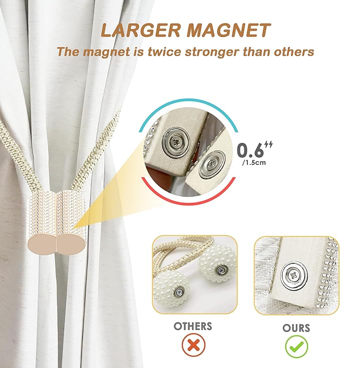 SRG Handmade Magnetic Curtain Tiebacks 2 Pack Sparkling Glass Wrapped Wooden Holdbacks with Strong Magnets, No Drilling Drapery Accessories for Home Decor – Champagne