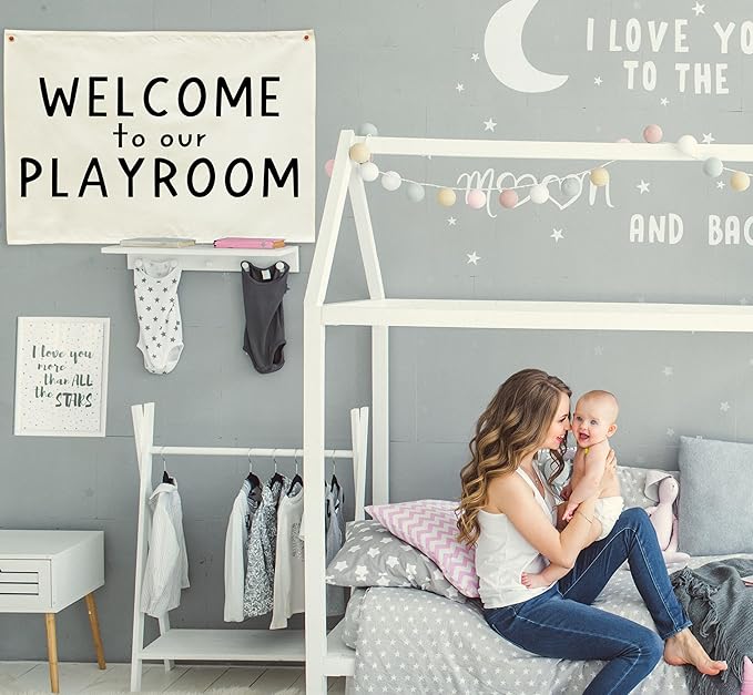Hanging Rectangular Playroom Banner Flag Poster Wall Art Decoration Gift for Toddler Baby Boy Girl Kids Room Nursery Classroom Play Room Wall Decor-Baby Shower Christmas Gift Welcome to Our Playroom