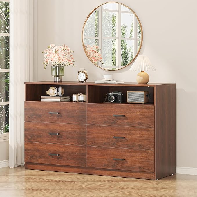 Bigbiglife 6 Drawers Dresser for Bedroom Wooden Drawer with Open Storage Cubby, Double Wide Dresser Organizer for Bedroom, Living Room, Entryway, Hallway (Walnut Brown)