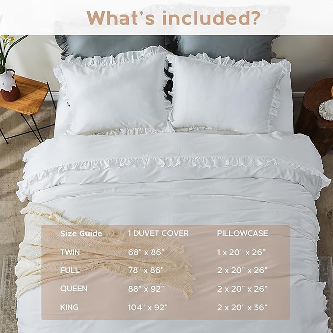 Simple&Opulence Kids 100% Organic Cotton Full Duvet Cover Ruffle 3Pcs(1 Comforter Cover 2 Pillowcases) Cute Lace Vintage Boho Shabby Chic Farmhouse Bedding Set Teen Girls(White, Full)