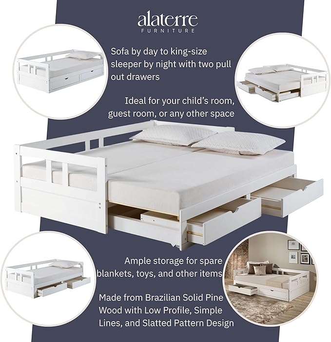 Alaterre Furniture Melody Twin to King Extendable Daybed with Trundle and Storage Drawers – Solid Pine Wood Kids Bed Frame with Headboard – Guest Bed for Boys, Girls, Toddlers, or Teens (White)