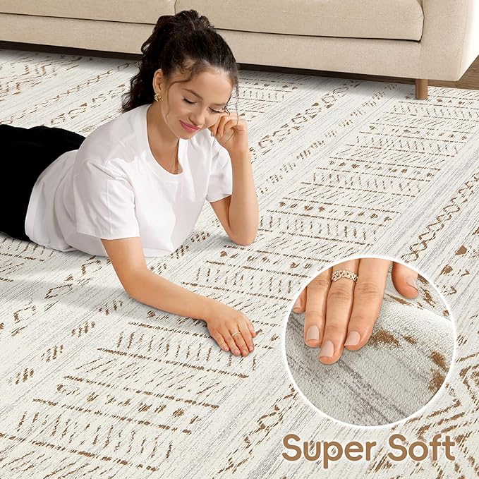 Area Rugs for Living Room Washable Living Room Rug Soft Neutral Indoor Floor Carpet Non-Slip Stain Resistant Modern Boho Rugs for Bedroom Dining Room Kids Room Nursery Office Home Brown/Cream