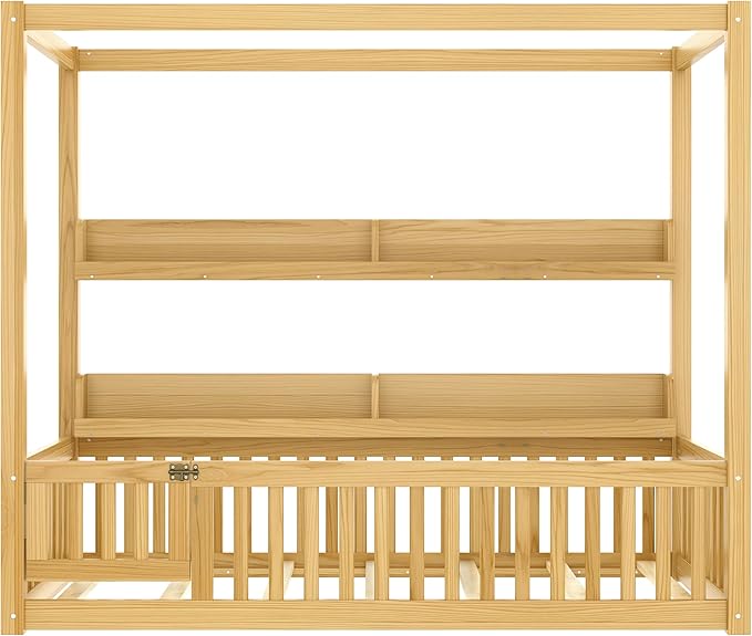 Bellemave Twin Size Canopy Bed with Guardrails and Door, Wood Floor Bed with Shelves for Toddlers, Built in 4 Poster Design,Montessori Bed for Kids,Boys,Girls,Easy Assemble（Twin,Natural）