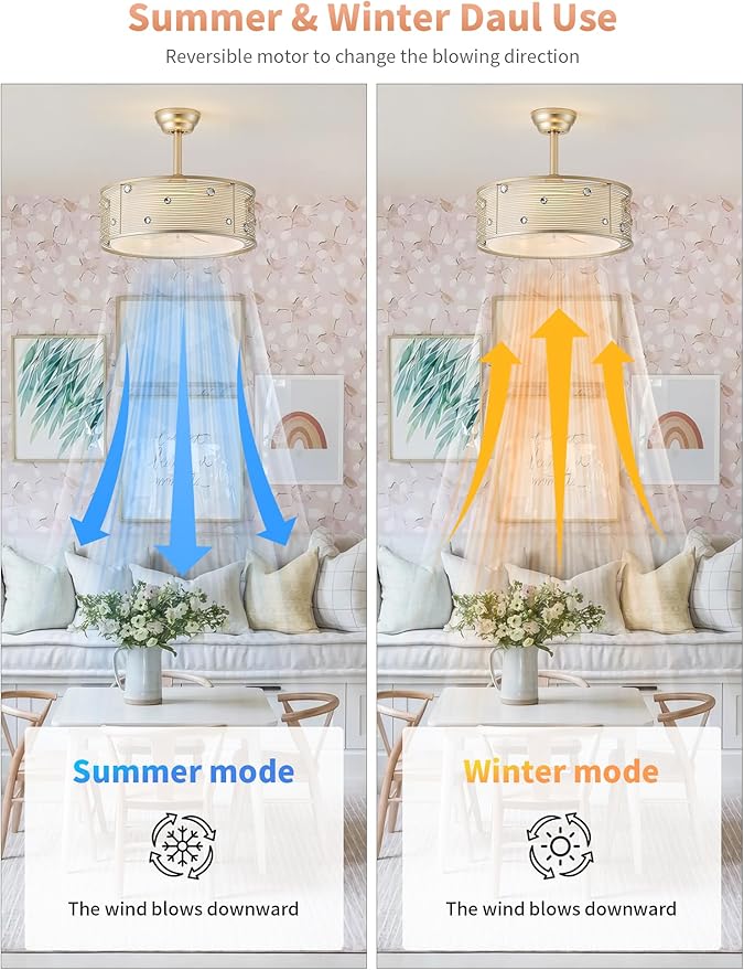 20" Gold Fandelier Ceiling Fan with Light, Gold Chandelier Ceiling Fans with Lights Remote Control, Caged with 6 Speeds for Bedroom, Living Room, Nursery