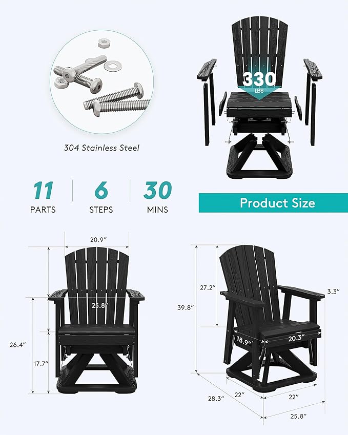 SERWALL Adirondack Swivel Glider Chair, HDPE Patio Swivel Glider for Outdoor, All-Weather Glider Chair for Porch, Balcony, Obsidian Black