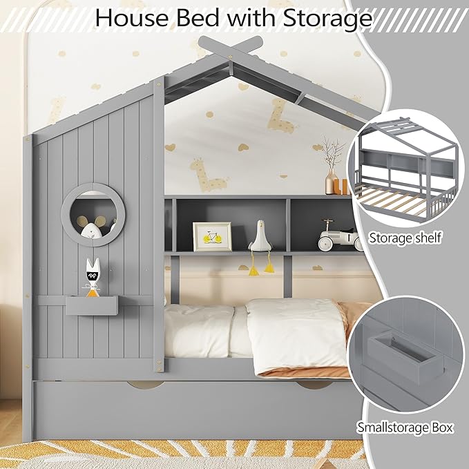 Harper & Bright Designs Twin Size House Bed with Trundle & Storage Shelf, Wood Platform Beds Frame for Kids, Montessori Bed with Roof for Boys, Girls, Safety and Quality Guaranteed, Gray