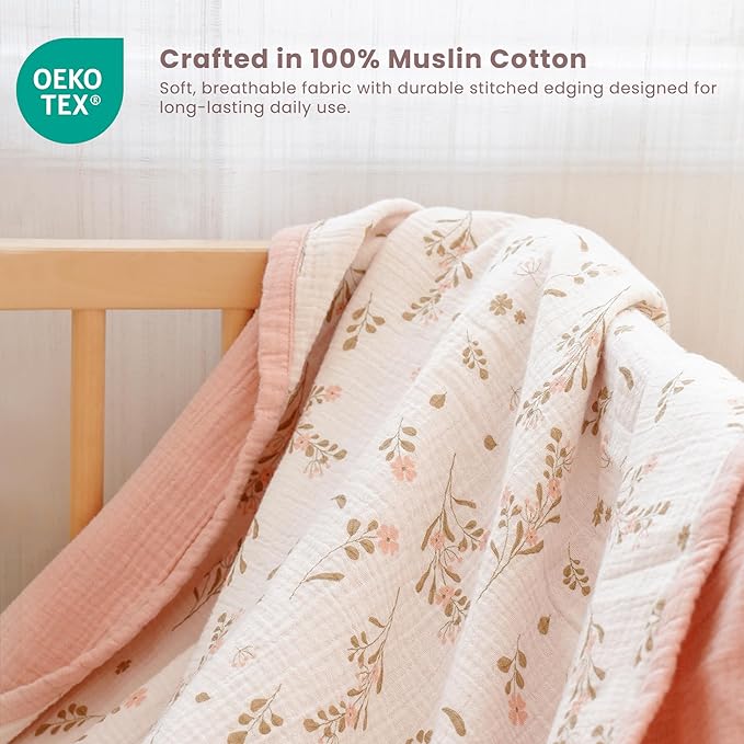 Konssy Muslin Baby Blankets for Girls Boys, 100% Cotton Crib Blanket for Infant Toddler, Super Soft and Lightweight Nursery Swaddling Wrap 47"x47" (Floral)