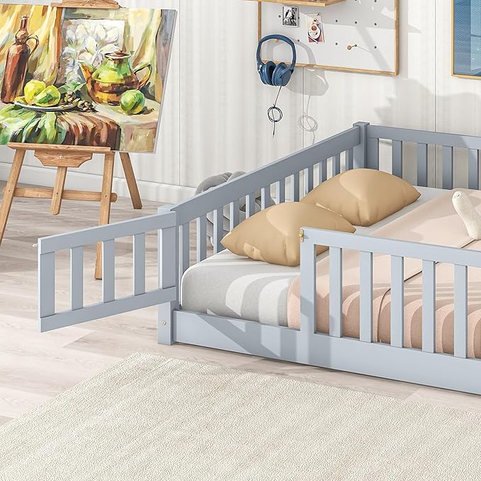 Ball & Cast Full Size Montessori Floor Bed,Wooden Floor Bed Frame with Wood Slats,Montessori Toddler Bedframe W/Door and Safety Guardrails for Girls Boys,Bedroom,Playroom,No Box Spring Needed,Grey
