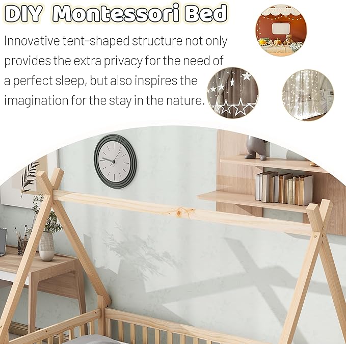 Twin House Bed Frame with Fence Rails and Door,Wood Montessori Floor Bed with Slats Support,Teepee Tent Beds Kids Bed Frames for Girls Boys, Natural