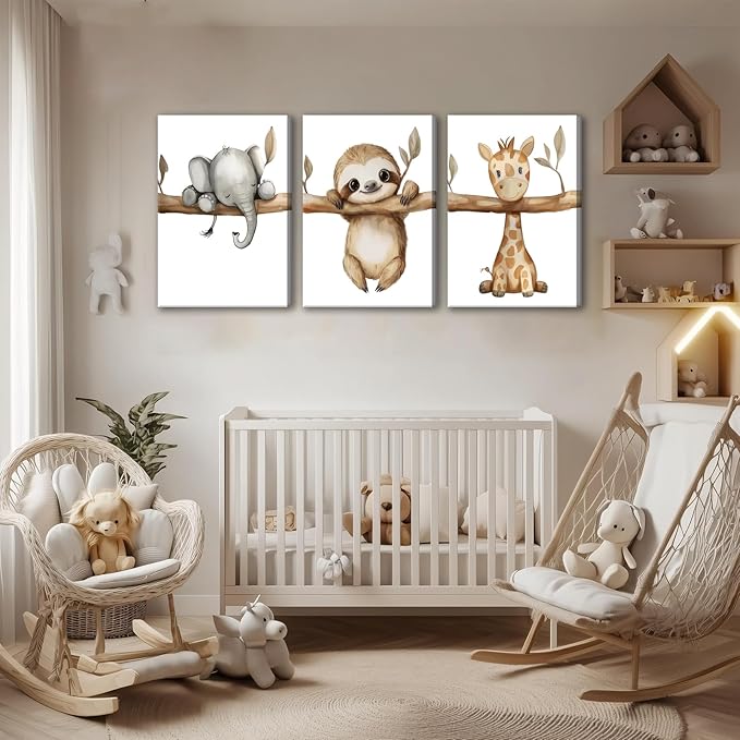 3Pcs Nursery Animal Canvas Wall Art Safari Nursery Poster Prints Jungle Kids Painting Cute Animal Elephant Sloth Giraffe Artwork Picture Wall Decor for Boys Room Girls Room 16x24in Framed