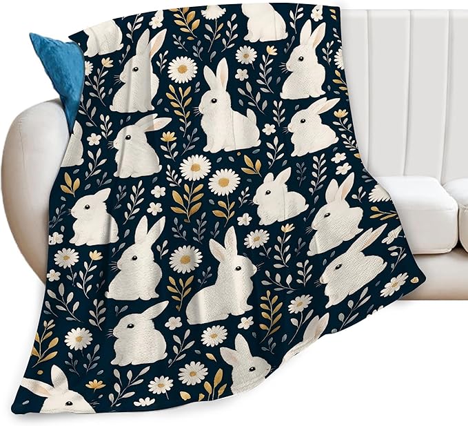 Rabbit Blanket Rabbits Flower Floral Throw Blanket Soft Cozy Fleece Fuzzy Plush Warm Stuff Bedding Farm Animal Nursery Toddler Baby Blankets Gifts for Boys Girls Kids Adult Men Women 40"X50"