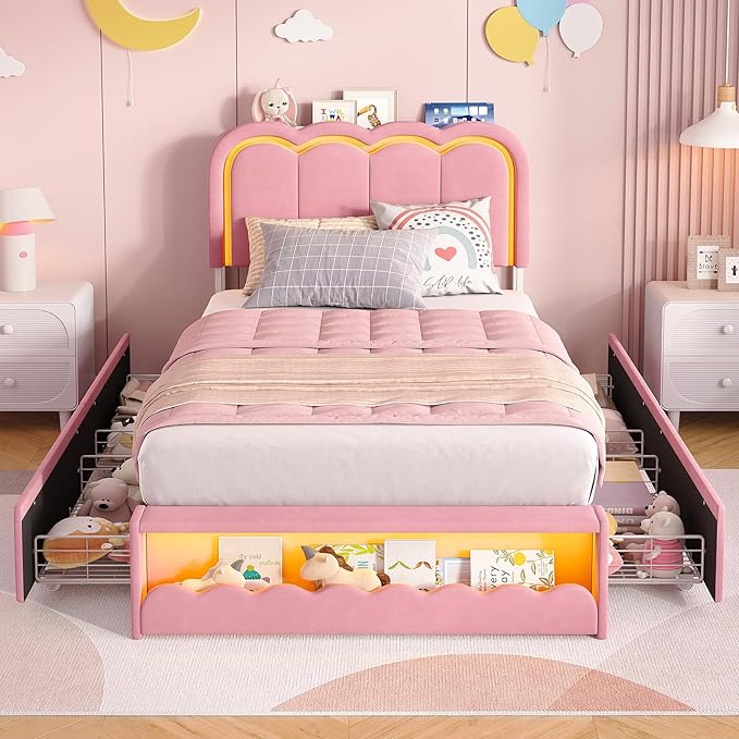 Maupvit Twin LED Bed Frame with Storage Headboard and 4 Drawers, Upholstered Platform Bed Frame with Bookcase, Velvet Princess Bed for Kids Girls, Charging Station, No Box Spring Needed, Pink