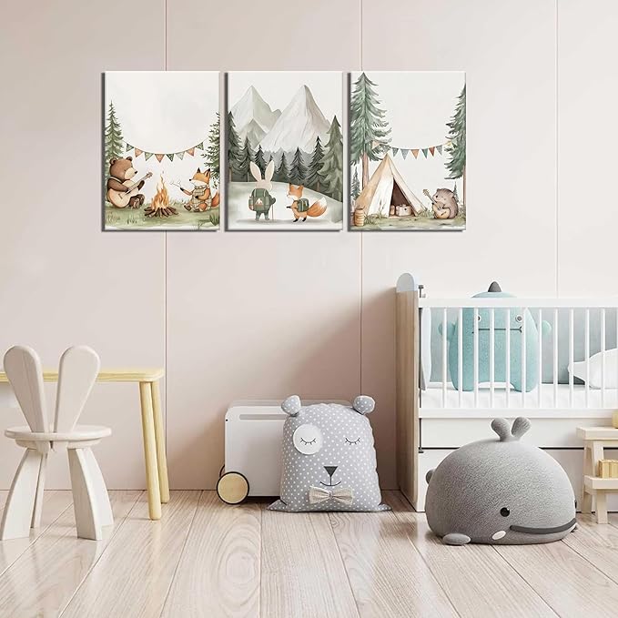 AKWISH Nursery Woodland Animals Canvas Wall Art, Cute brave Bear Fox Rabbit Hedgehog Nursery Wall Decor, Framed Wildlife Camping Picture Prints for Kids Room Baby Bedroom – 12x16in