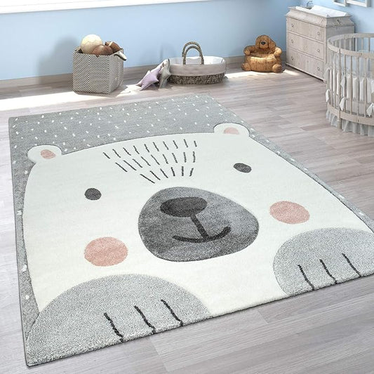 Paco Home Kids Room Rug with a Cute Bear in Grey White, Size: 4'7" x 6'7"