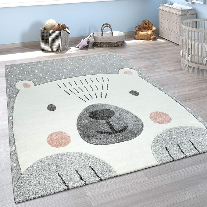Paco Home Kids Room Rug with a Cute Bear in Grey White, Size: 6'7" x 9'6"