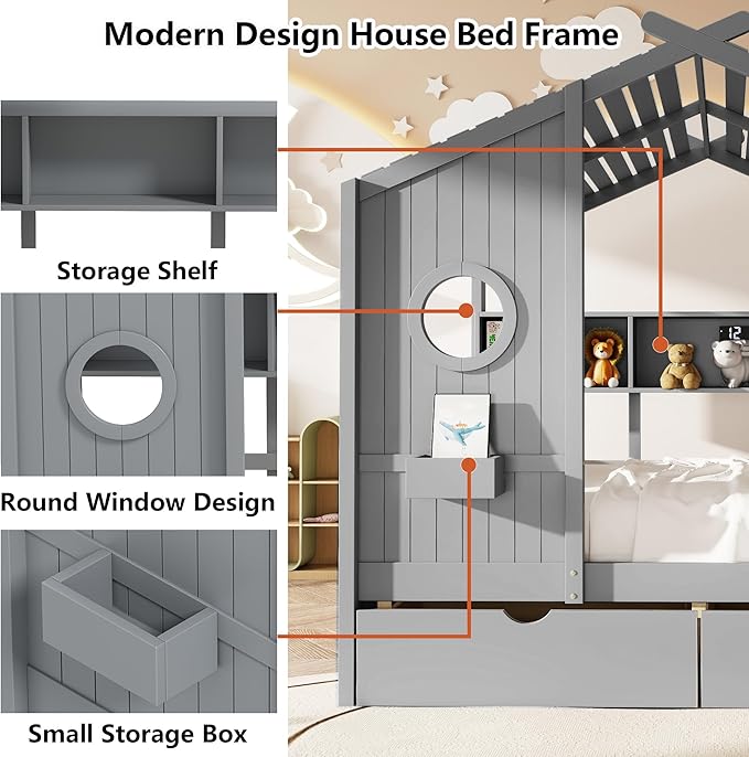 Aoowow Full Size House Bed with Storage Shelves and Drawers, Wood Platform Kids House Bed with Window and Roof for Bedroom, Full Playhouse Bed Frames for Boys Girls, Can be Decorated, Grey