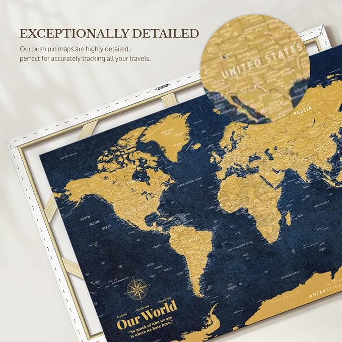 ElephantStock - Personalized Push Pin World Map - Gold Wall Art - Horizontal Canvas Wall Art - Living Room Wall Decor - Digital Art Map Canvas Art - Orange And Blue Decor - 36" x 24"