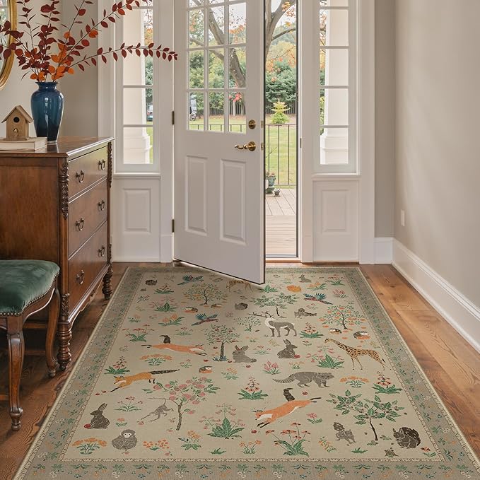 Rugs for Living Room 5x7 Floral Animal Print Area Rug Machine Washable Rug, Non Slip Low Pile Carpet for Bedroom, Entryway, Light Taupe