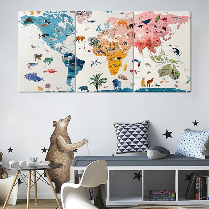 Hotuijxca Animal World Map Wall Art, Nursery World Map Canvas Wall Art, Nursery Animal Maps Wall Decor for Living Room, Bedroom, Children's room (16" x 24" x 3 pcs)
