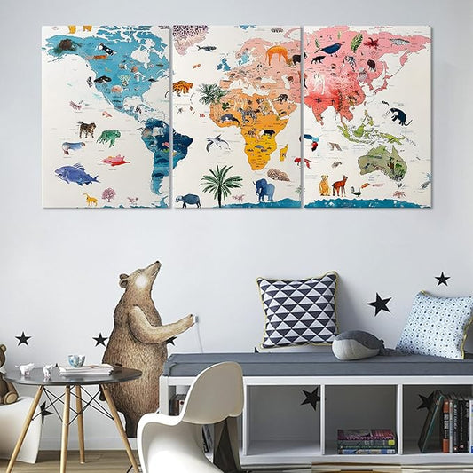Hotuijxca Animal World Map Wall Art, Nursery World Map Canvas Wall Art, Nursery Animal Maps Wall Decor for Living Room, Bedroom, Children's room (16" x 24" x 3 pcs)