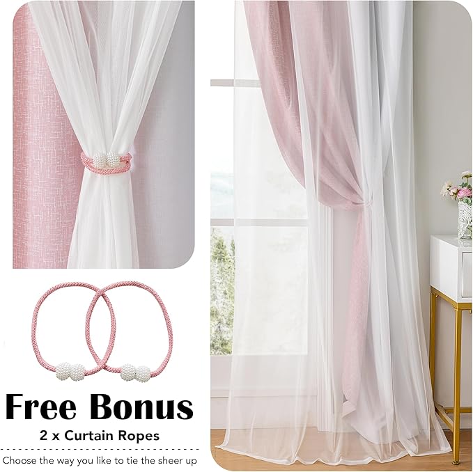 100% Blackout Curtains with Sheer Overlay Mix and Match Double Layer Drapes 72 Inch Length 2 Panels for Bedroom Living Room Pink White Ombre Grommet Window Treatment with Tiebacks